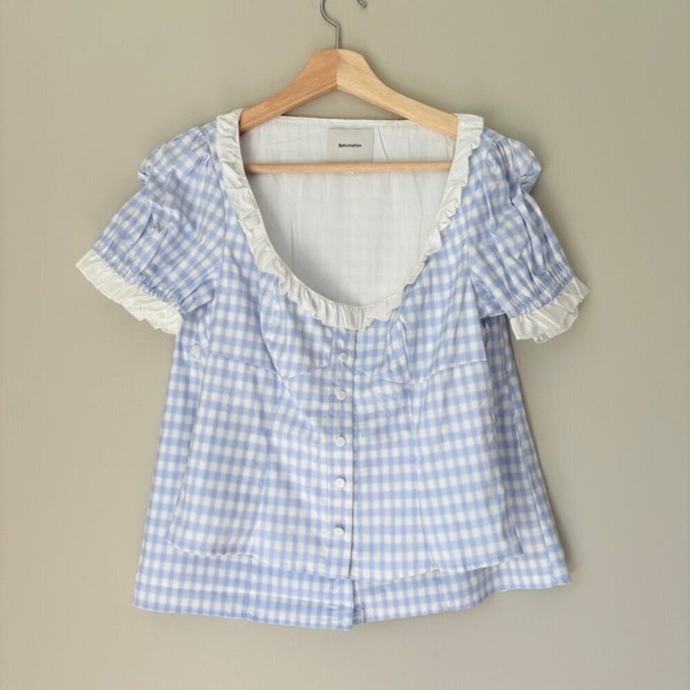 NEW Reformation Janell Two Piece Set Crystal Check Light Blue White | US 2 UK 6 - Picture 6 of 12